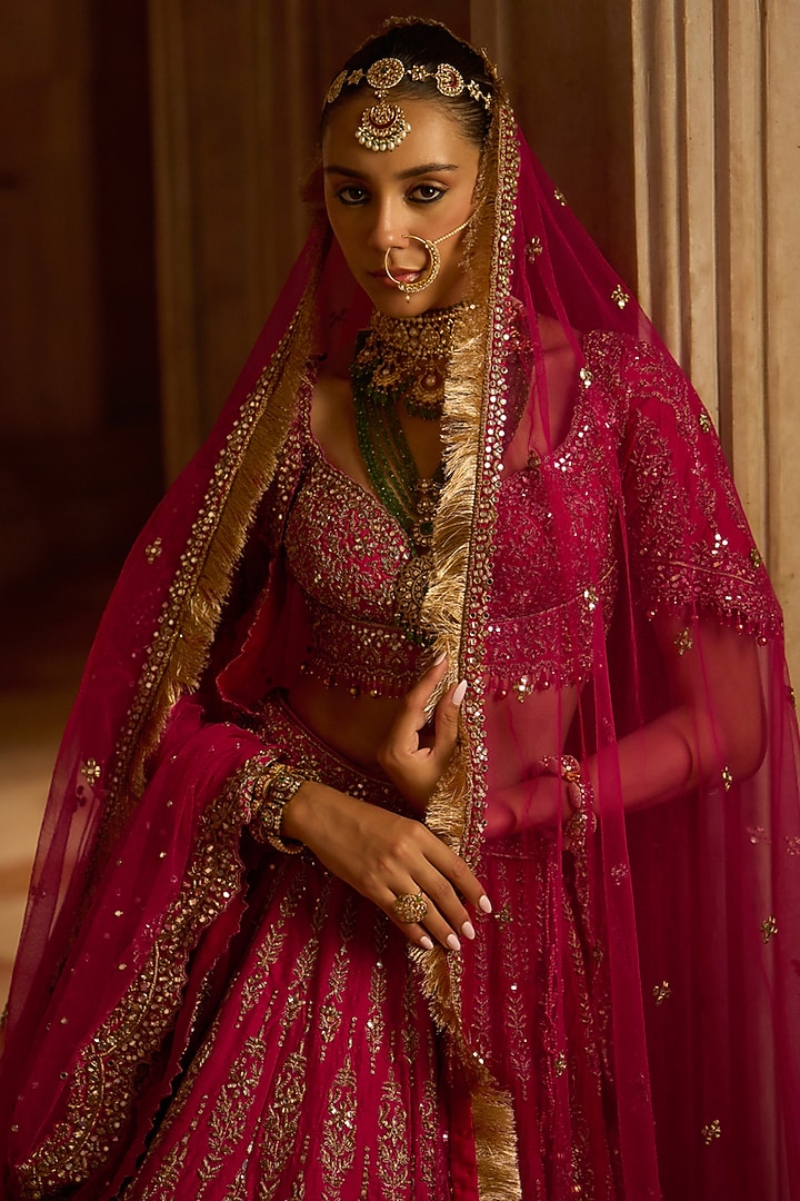 Fuchsia Red Raw Silk Zardosi Embroidered Bridal Lehenga Set by NITIKA GUJRAL at Pernia's Pop Up Shop