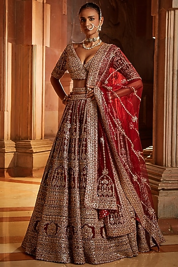 Maroon Raw Silk Gota Embroidered Bridal Lehenga Set by NITIKA GUJRAL at Pernia's Pop Up Shop