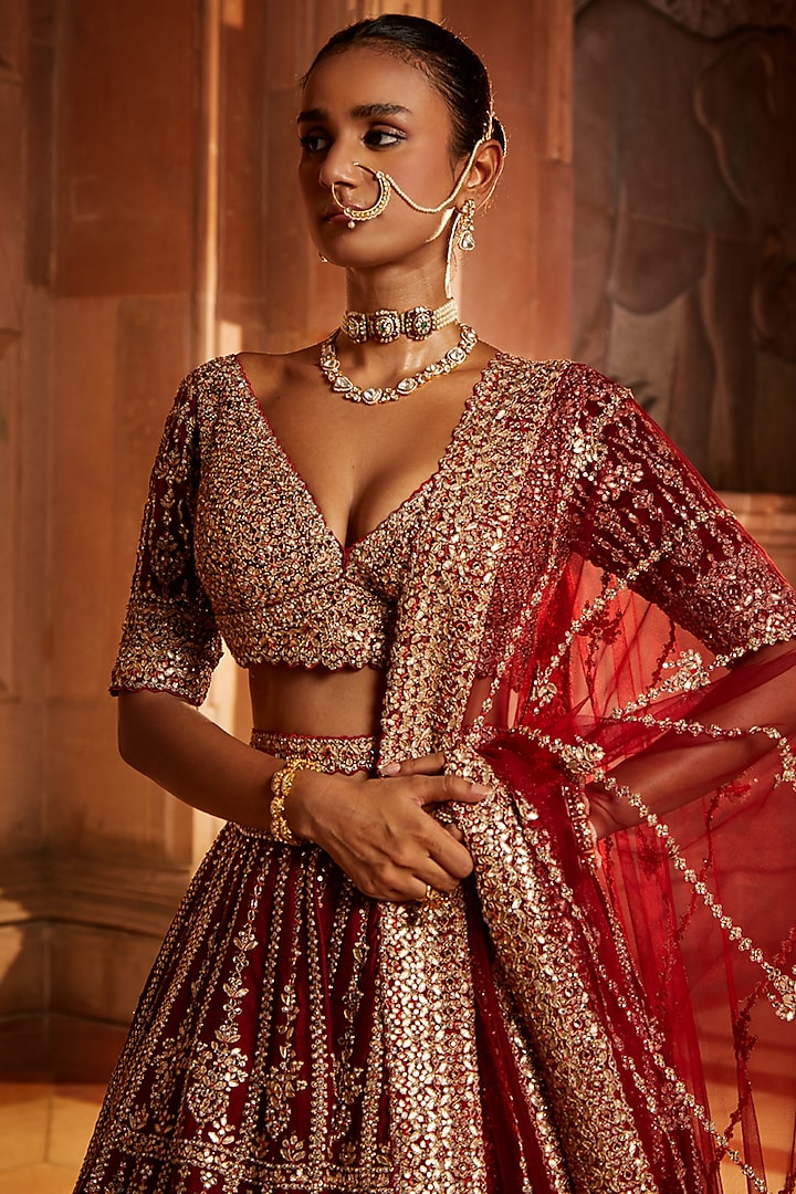 Maroon Raw Silk Gota Embroidered Bridal Lehenga Set by NITIKA GUJRAL at Pernia's Pop Up Shop