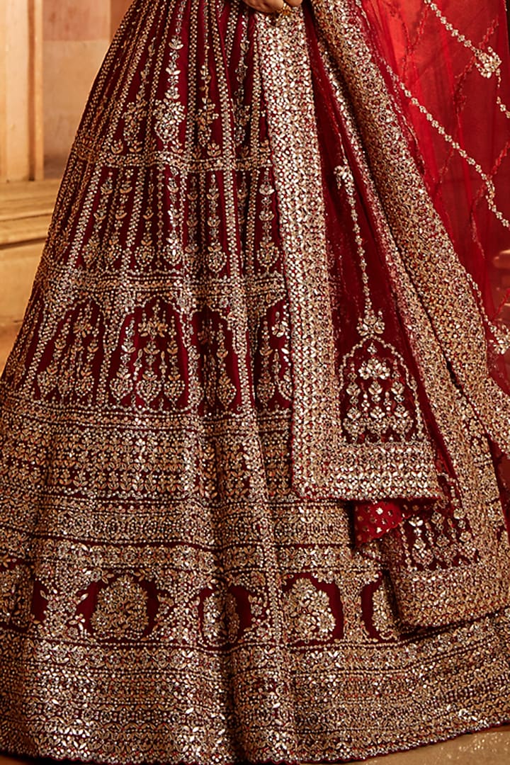 Maroon Raw Silk Gota Embroidered Bridal Lehenga Set by NITIKA GUJRAL at Pernia's Pop Up Shop