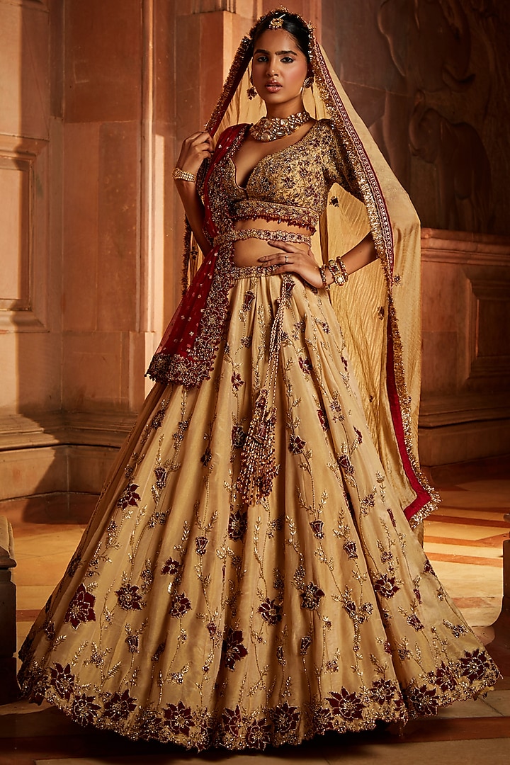 Gold Tissue Zardosi Embroidered Lehenga Set by NITIKA GUJRAL