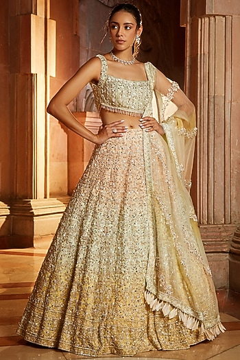 Triple Color Shaded Organza Embroidered Bridal Lehenga Set by NITIKA GUJRAL at Pernia's Pop Up Shop