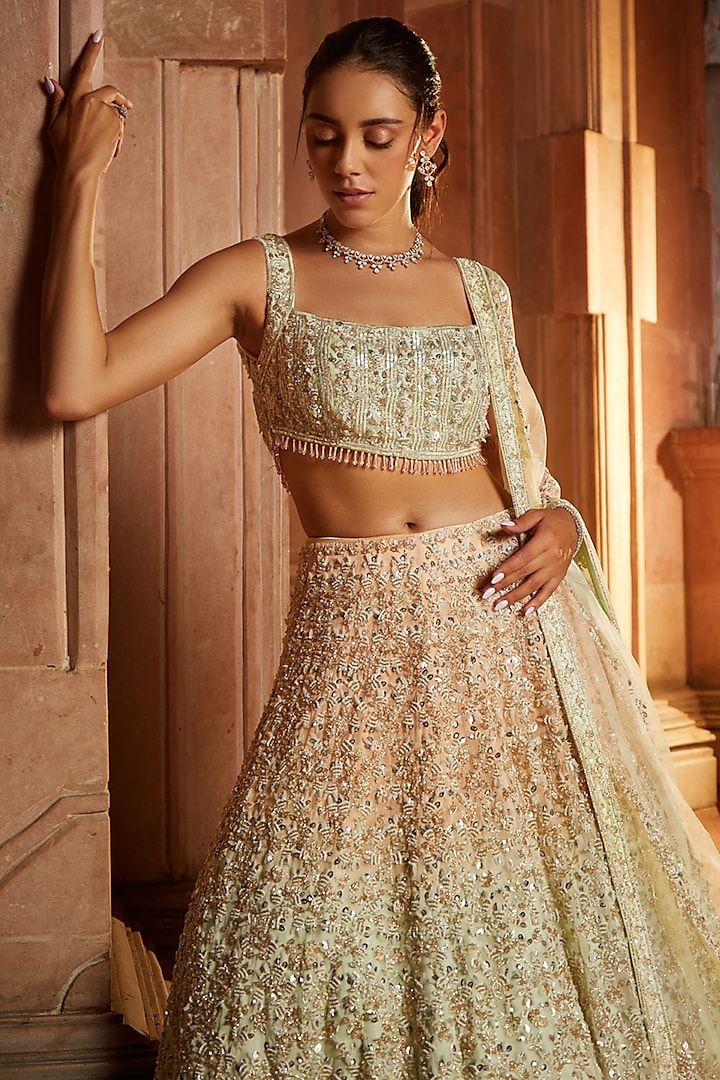 Triple Color Shaded Organza Embroidered Bridal Lehenga Set by NITIKA GUJRAL at Pernia's Pop Up Shop