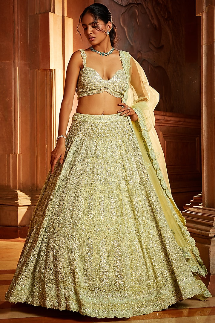 Lime Green Tulle Sequins Embroidered Lehenga Set by NITIKA GUJRAL