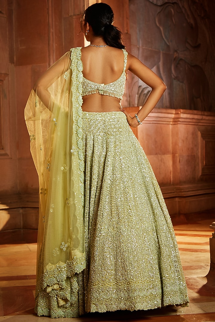 Lime Green Tulle Sequins Embroidered Bridal Lehenga Set by NITIKA GUJRAL at Pernia's Pop Up Shop