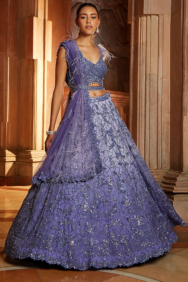 Ink Blue Ombre Dyed Organza Lehenga Set by NITIKA GUJRAL