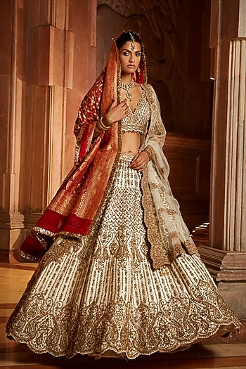 Ivory Taffeta Zardosi Embroidered Bridal Lehenga Set by NITIKA GUJRAL at Pernia's Pop Up Shop
