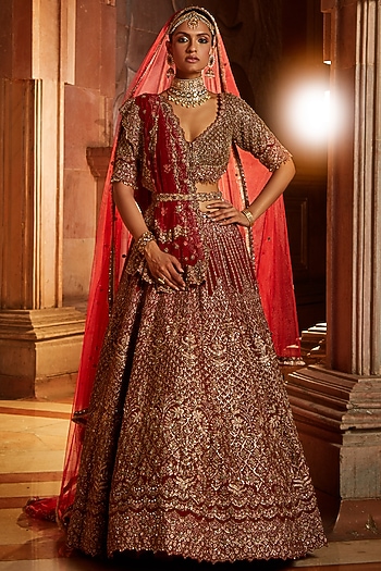 Red Raw Silk Dabka Embroidered Bridal Lehenga Set by NITIKA GUJRAL at Pernia's Pop Up Shop