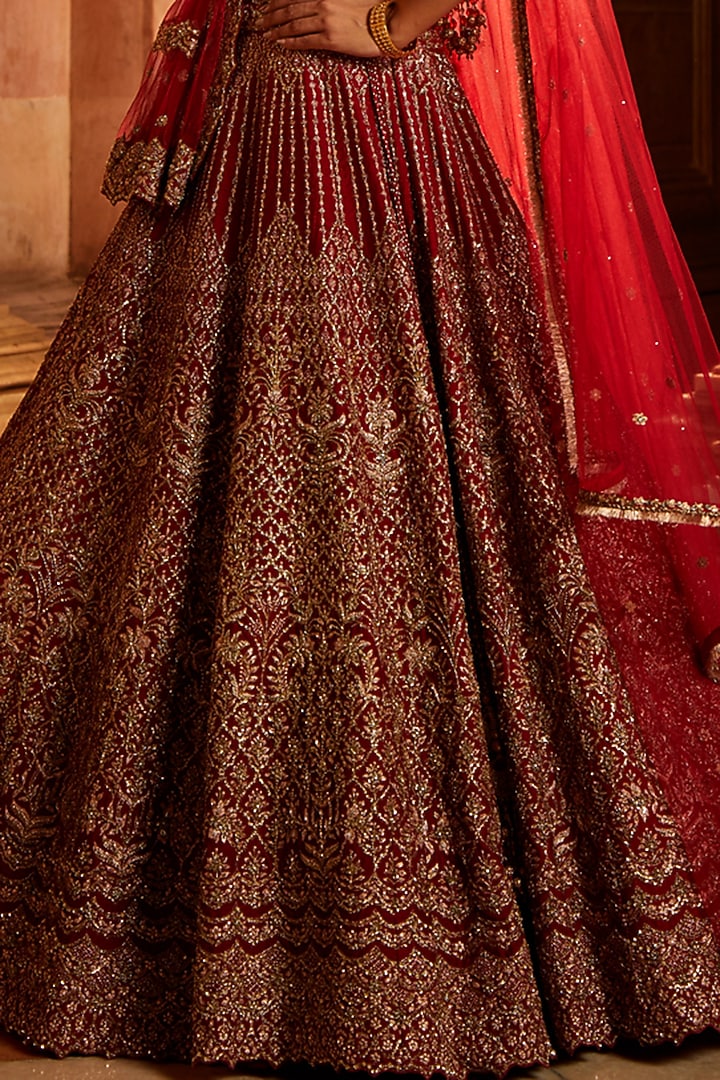 Red Raw Silk Dabka Embroidered Bridal Lehenga Set by NITIKA GUJRAL at Pernia's Pop Up Shop