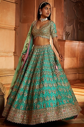 Teal Organza Gota Embroidered Bridal Lehenga Set by NITIKA GUJRAL at Pernia's Pop Up Shop
