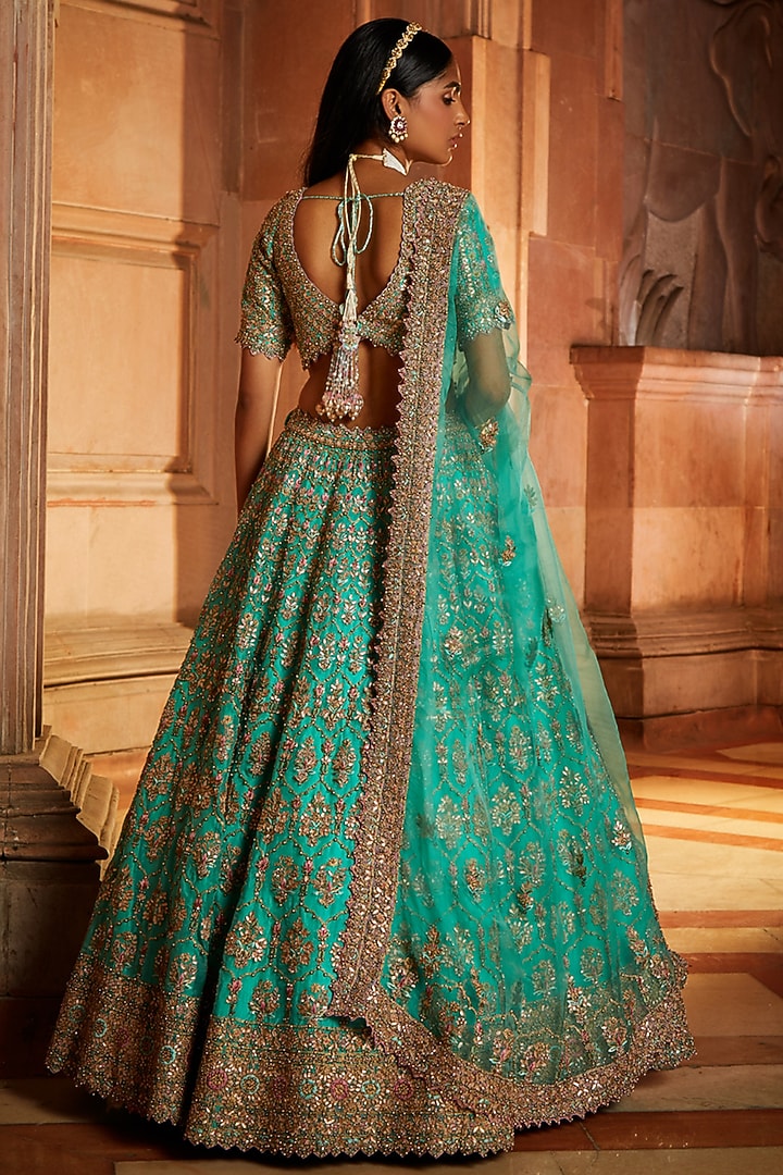 Teal Organza Gota Embroidered Bridal Lehenga Set by NITIKA GUJRAL at Pernia's Pop Up Shop