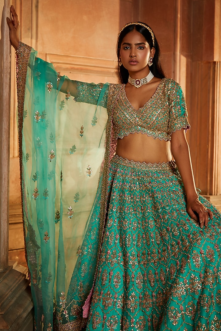 Teal Organza Gota Embroidered Bridal Lehenga Set by NITIKA GUJRAL at Pernia's Pop Up Shop
