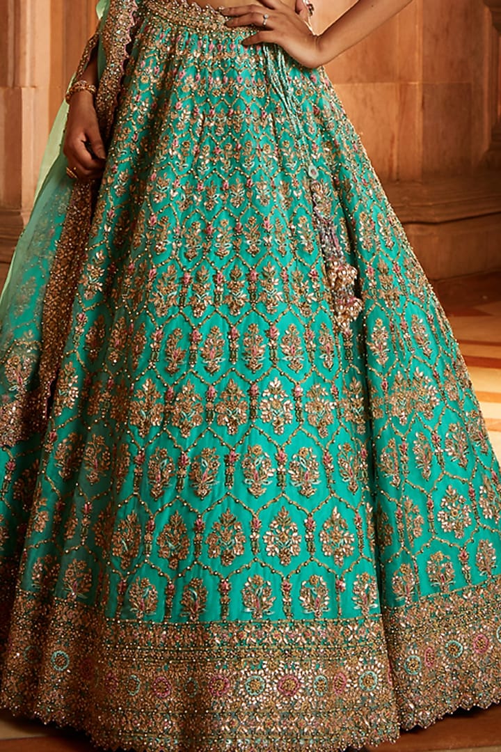 Teal Organza Gota Embroidered Bridal Lehenga Set by NITIKA GUJRAL at Pernia's Pop Up Shop