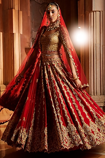 Deep Red Raw Silk Zardosi Embroidered Bridal Lehenga Set by NITIKA GUJRAL at Pernia's Pop Up Shop