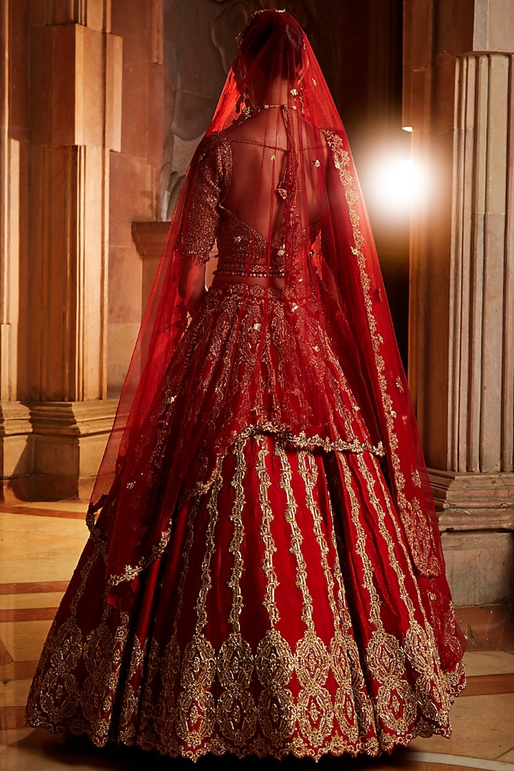Deep Red Raw Silk Zardosi Embroidered Bridal Lehenga Set by NITIKA
