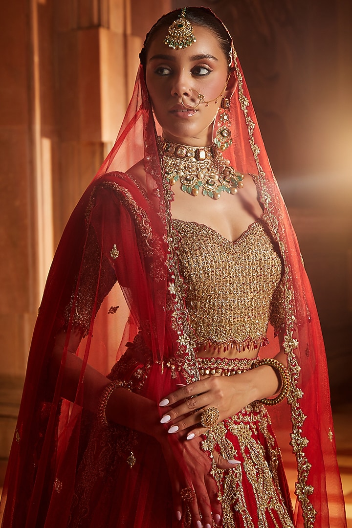 Deep Red Raw Silk Zardosi Embroidered Bridal Lehenga Set by NITIKA GUJRAL at Pernia's Pop Up Shop