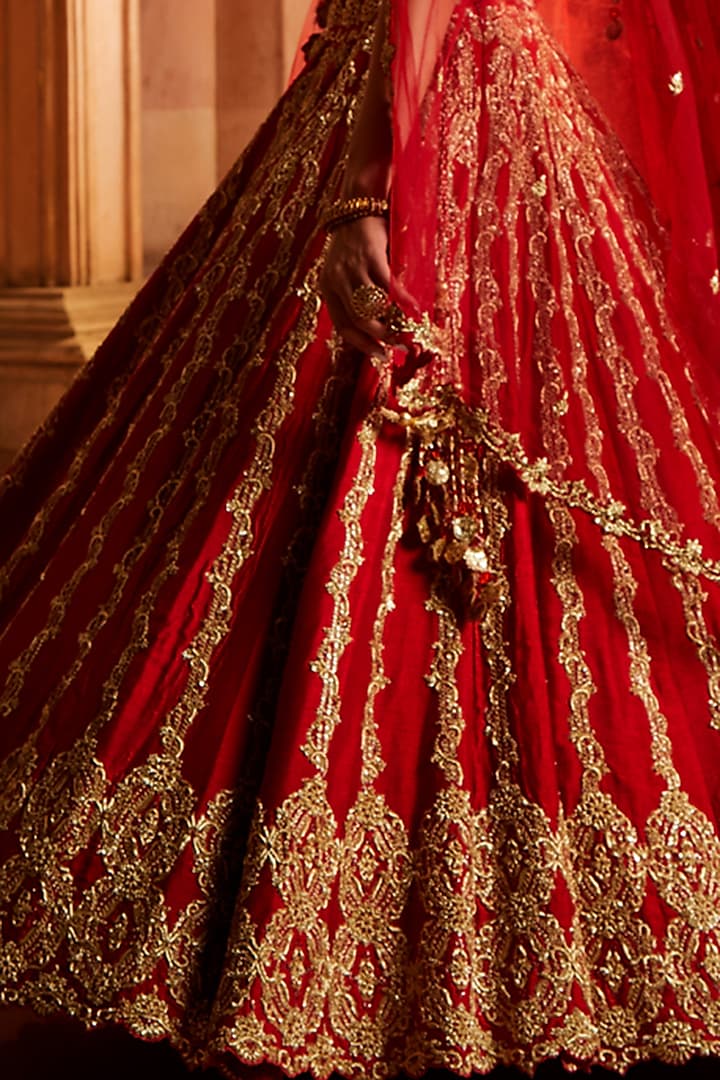 Deep Red Raw Silk Zardosi Embroidered Bridal Lehenga Set by NITIKA GUJRAL at Pernia's Pop Up Shop