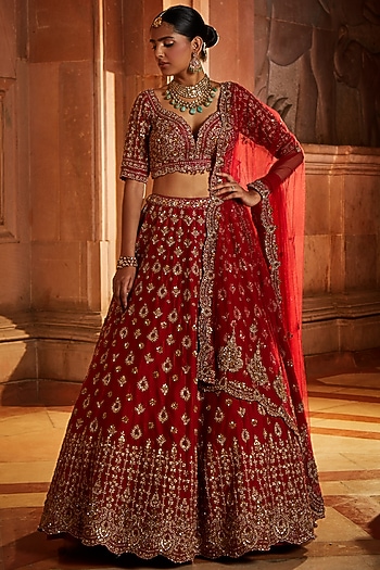 Blood Red Raw Silk Zari Embroidered Bridal Lehenga Set by NITIKA GUJRAL at Pernia's Pop Up Shop