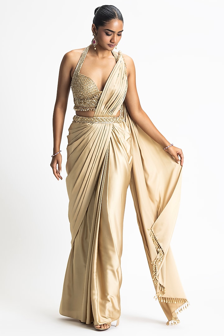 Gold Satin & Organza Pre-Draped Wedding Saree Set by NITIKA GUJRAL at Pernia's Pop Up Shop