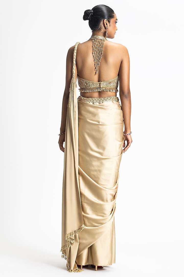 Gold Satin & Organza Pre-Draped Wedding Saree Set by NITIKA GUJRAL at Pernia's Pop Up Shop
