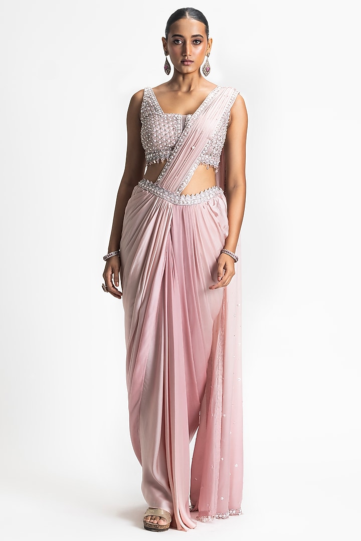 Blush Pink Satin Draped Ombre Wedding Saree Set by NITIKA GUJRAL at Pernia's Pop Up Shop
