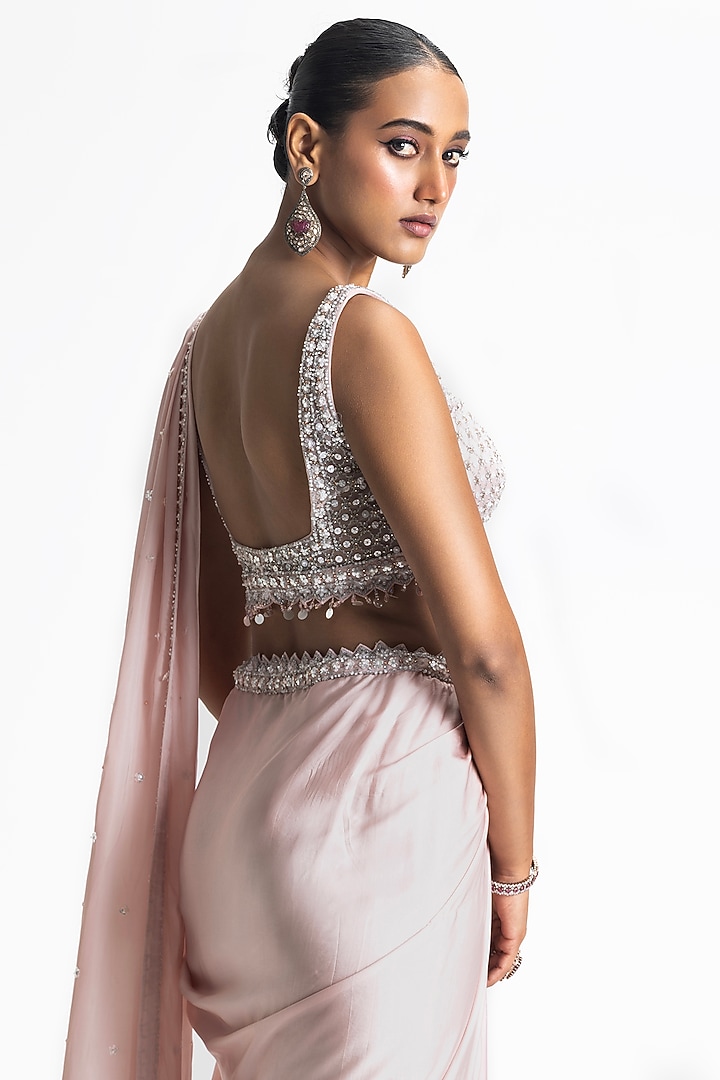 Blush Pink Satin Draped Ombre Wedding Saree Set by NITIKA GUJRAL at Pernia's Pop Up Shop