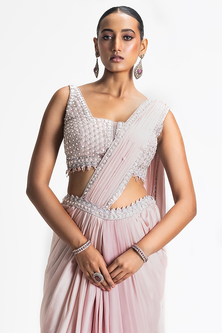 Blush Pink Satin Draped Ombre Wedding Saree Set by NITIKA GUJRAL at Pernia's Pop Up Shop