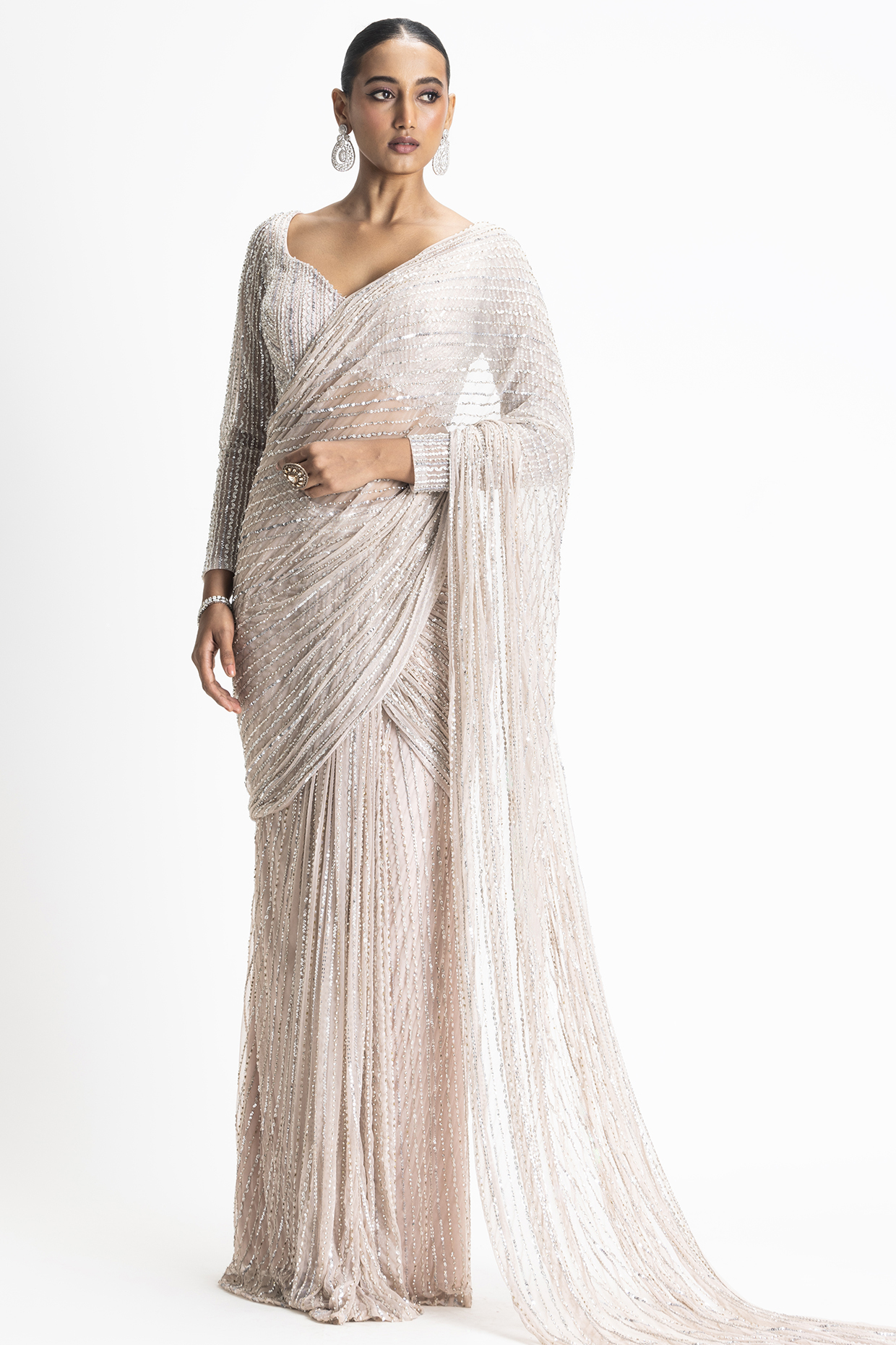 Blush Pink Net & Satin Draped Saree Set by NITIKA GUJRAL at Pernia's Pop Up Shop