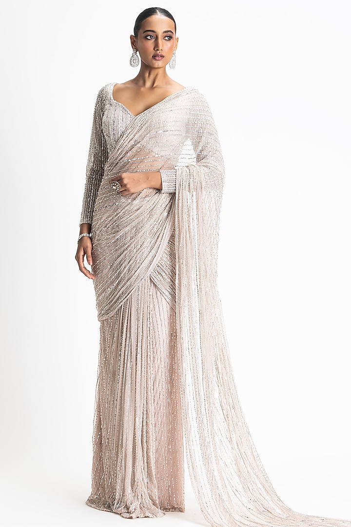 Blush Pink Net & Satin Draped Saree Set by NITIKA GUJRAL at Pernia's Pop Up Shop
