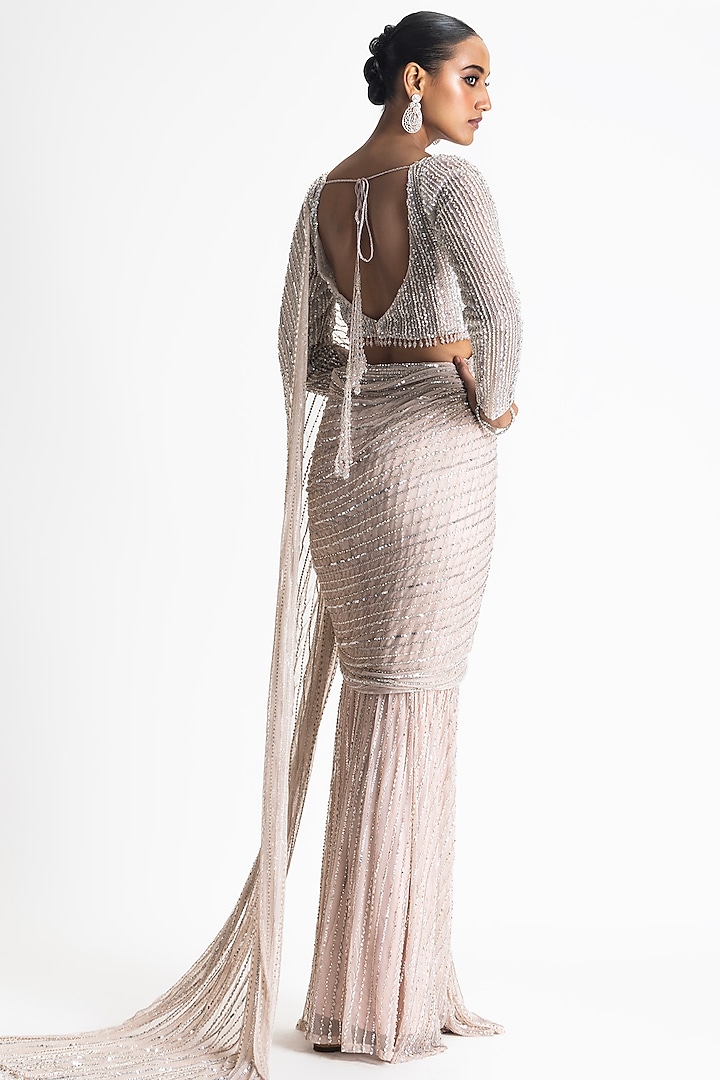 Blush Pink Net & Satin Draped Reception Saree Set by NITIKA GUJRAL at Pernia's Pop Up Shop