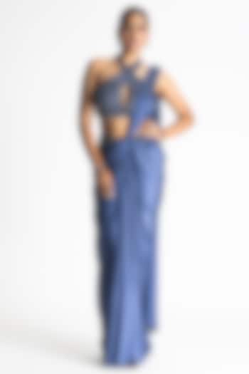 Stone Blue Satin Pre-Draped Wedding Saree Set by NITIKA GUJRAL at Pernia's Pop Up Shop