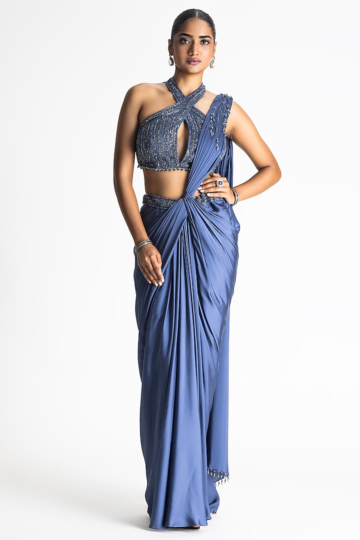 Stone Blue Satin Pre-Draped Wedding Saree Set by NITIKA GUJRAL at Pernia's Pop Up Shop