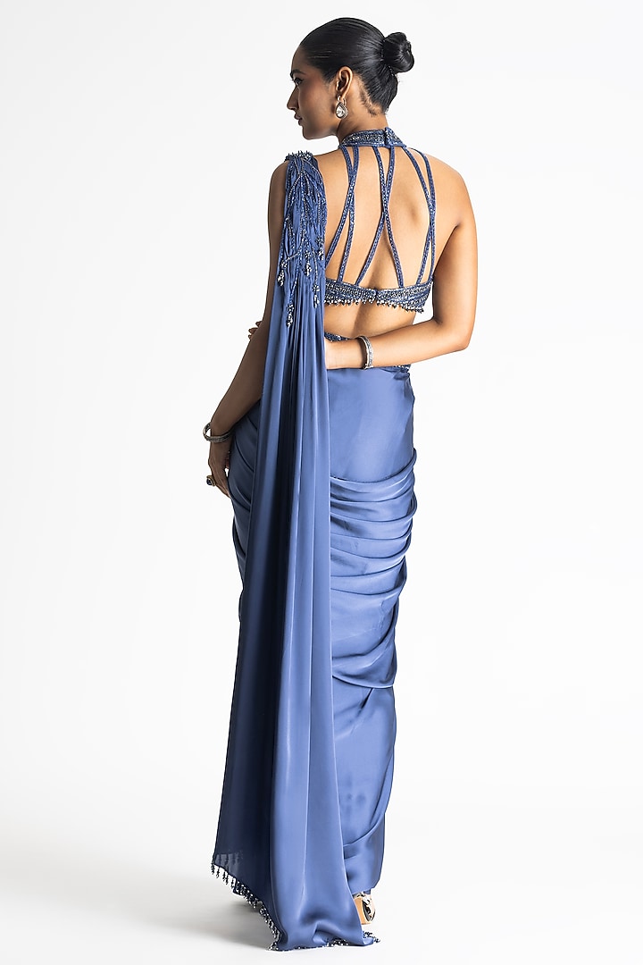 Stone Blue Satin Pre-Draped Wedding Saree Set by NITIKA GUJRAL at Pernia's Pop Up Shop