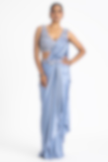 Ink Blue Satin & Organza Pre-Draped Wedding Saree Set by NITIKA GUJRAL at Pernia's Pop Up Shop