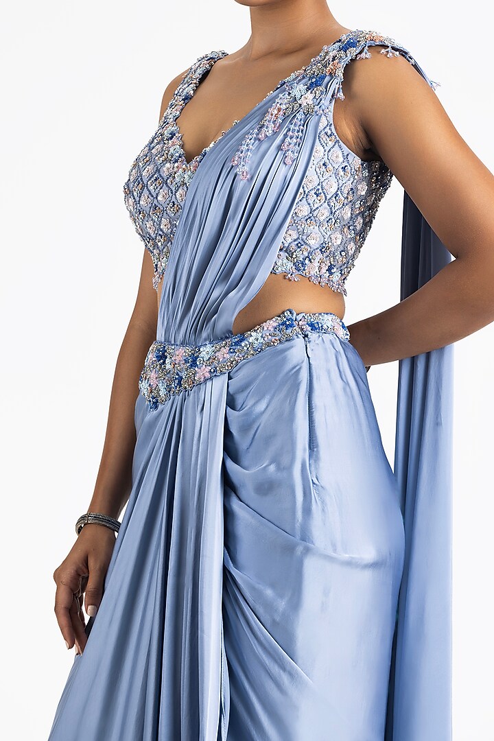 Ink Blue Satin & Organza Pre-Draped Wedding Saree Set by NITIKA GUJRAL at Pernia's Pop Up Shop