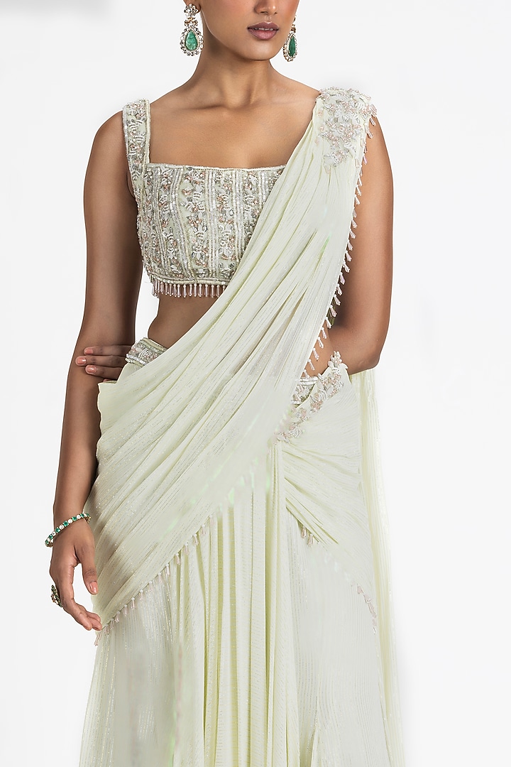 Lime Green Lurex Georgette Pre-Draped Wedding Saree Set by NITIKA GUJRAL at Pernia's Pop Up Shop
