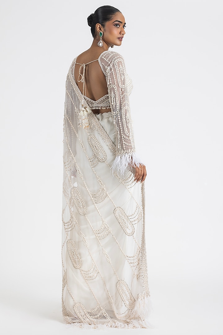Ivory Satin Pre-Draped Reception Saree Set by NITIKA GUJRAL at Pernia's Pop Up Shop