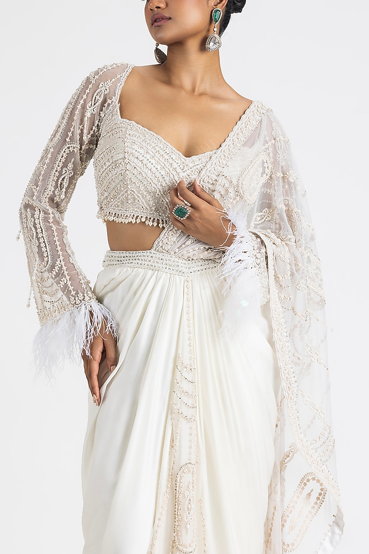 Ivory Satin Pre-Draped Reception Saree Set by NITIKA GUJRAL at Pernia's Pop Up Shop