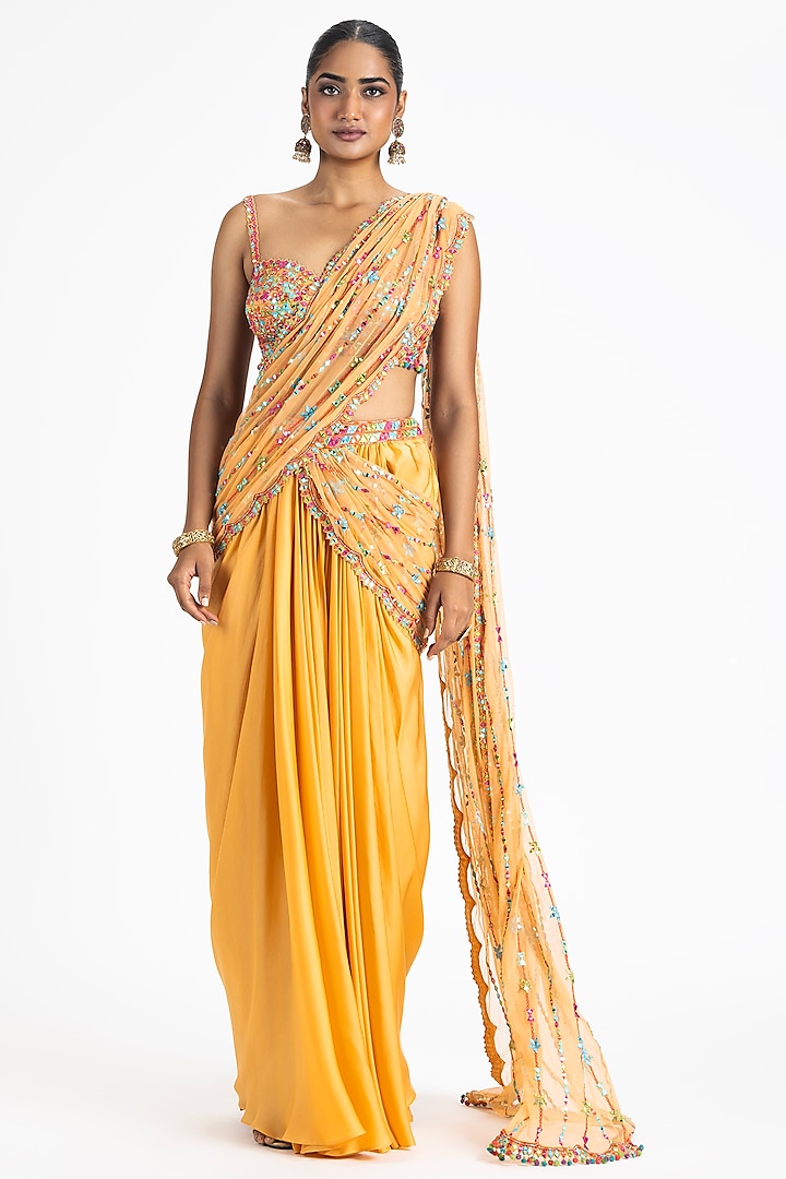 Mango Orange Satin Resham & Mirror Embroidered Draped Saree Set by NITIKA GUJRAL at Pernia's Pop Up Shop