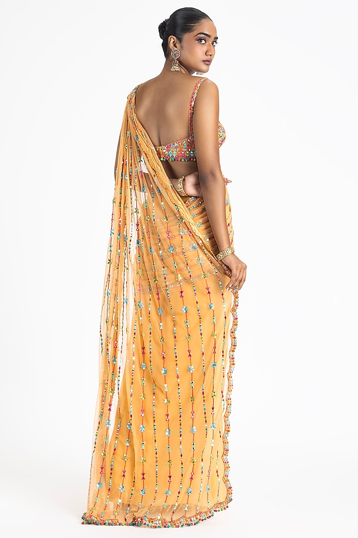 Mango Orange Satin Resham & Mirror Embroidered Draped Reception Saree Set by NITIKA GUJRAL at Pernia's Pop Up Shop