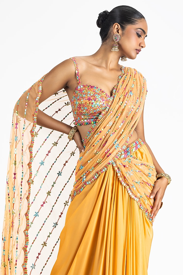 Mango Orange Satin Resham & Mirror Embroidered Draped Reception Saree Set by NITIKA GUJRAL at Pernia's Pop Up Shop