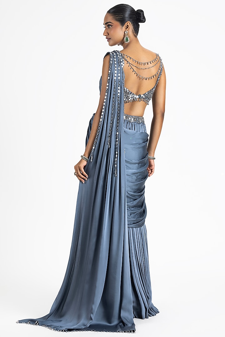 Charcoal Grey Satin Draped Pleated Wedding Lehenga Saree Set by NITIKA GUJRAL at Pernia's Pop Up Shop