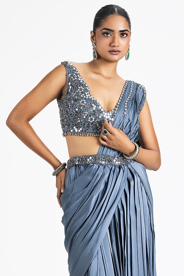 Charcoal Grey Satin Draped Pleated Wedding Lehenga Saree Set by NITIKA GUJRAL at Pernia's Pop Up Shop