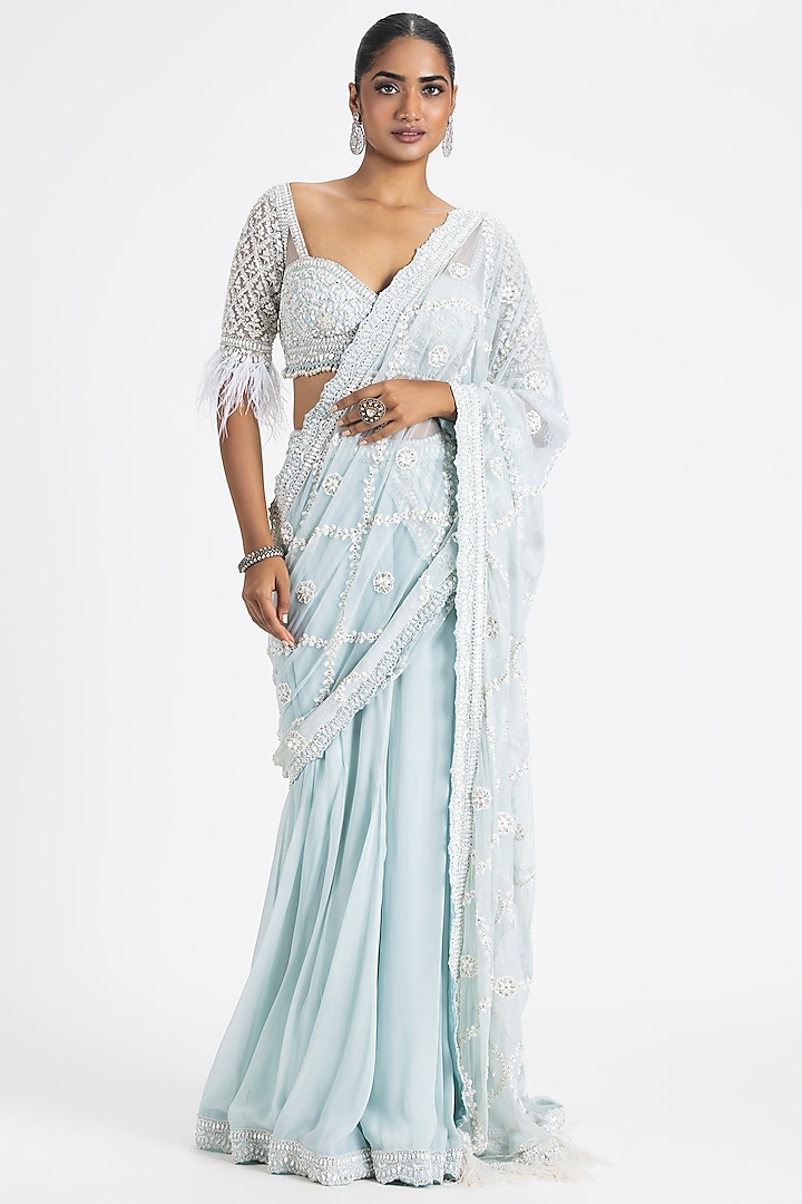 Ice Blue Georgette Embroidered Draped Saree Set by NITIKA GUJRAL