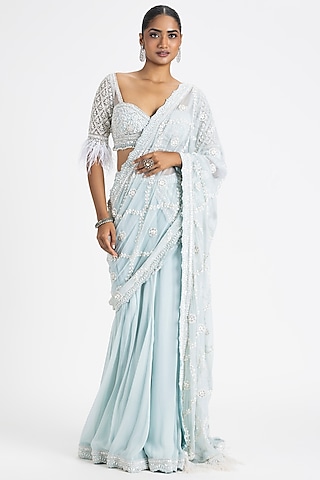 Ice Blue Georgette Embroidered Draped Saree Set by NITIKA GUJRAL