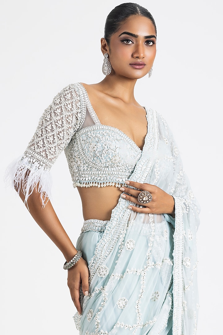 Ice Blue Georgette Embroidered Draped Reception Saree Set by NITIKA GUJRAL at Pernia's Pop Up Shop