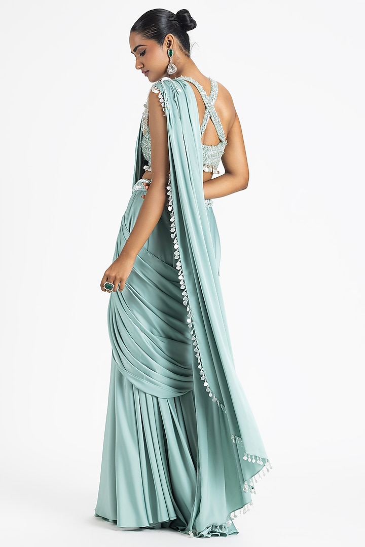 Jade Green Satin Embroidered Draped Wedding Saree Set by NITIKA GUJRAL at Pernia's Pop Up Shop