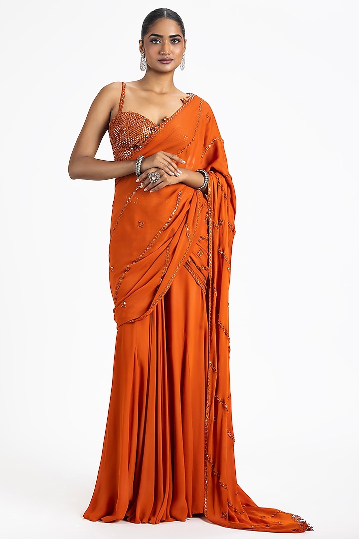 Rust Georgette Resham & Mirror Embroidered Drape Saree Set by NITIKA GUJRAL
