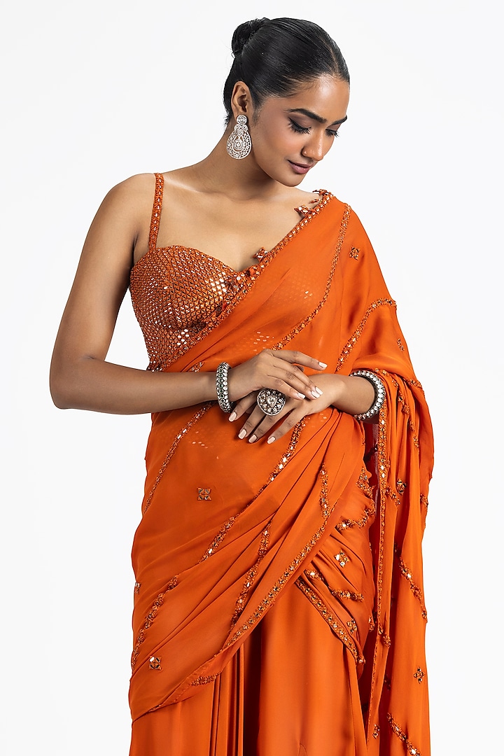 Rust Georgette Resham & Mirror Embroidered Drape Wedding Saree Set by NITIKA GUJRAL at Pernia's Pop Up Shop