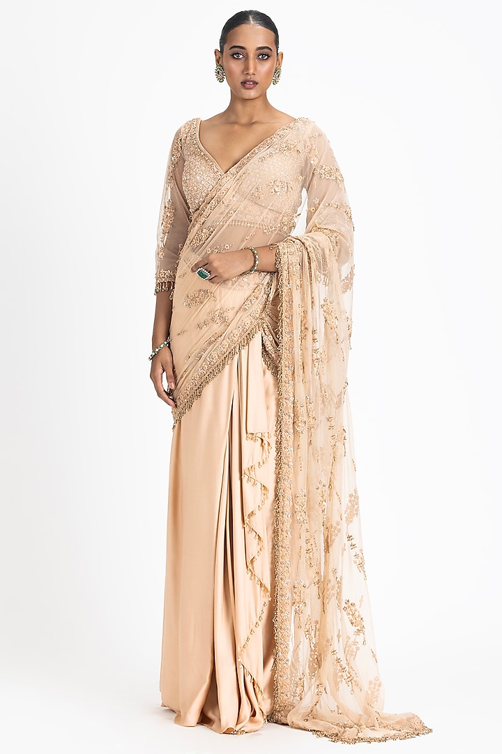 Nude Satin Beads Embroidered Drape Saree Set by NITIKA GUJRAL